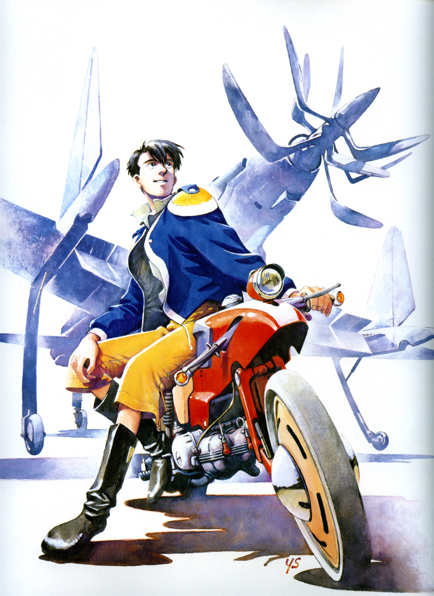 airplane black_hair boots highres honneamise_no_tsubasa motorcycle official_art sadamoto_yoshiyuki shirotsugh_lhadatt sitting solo vehicle