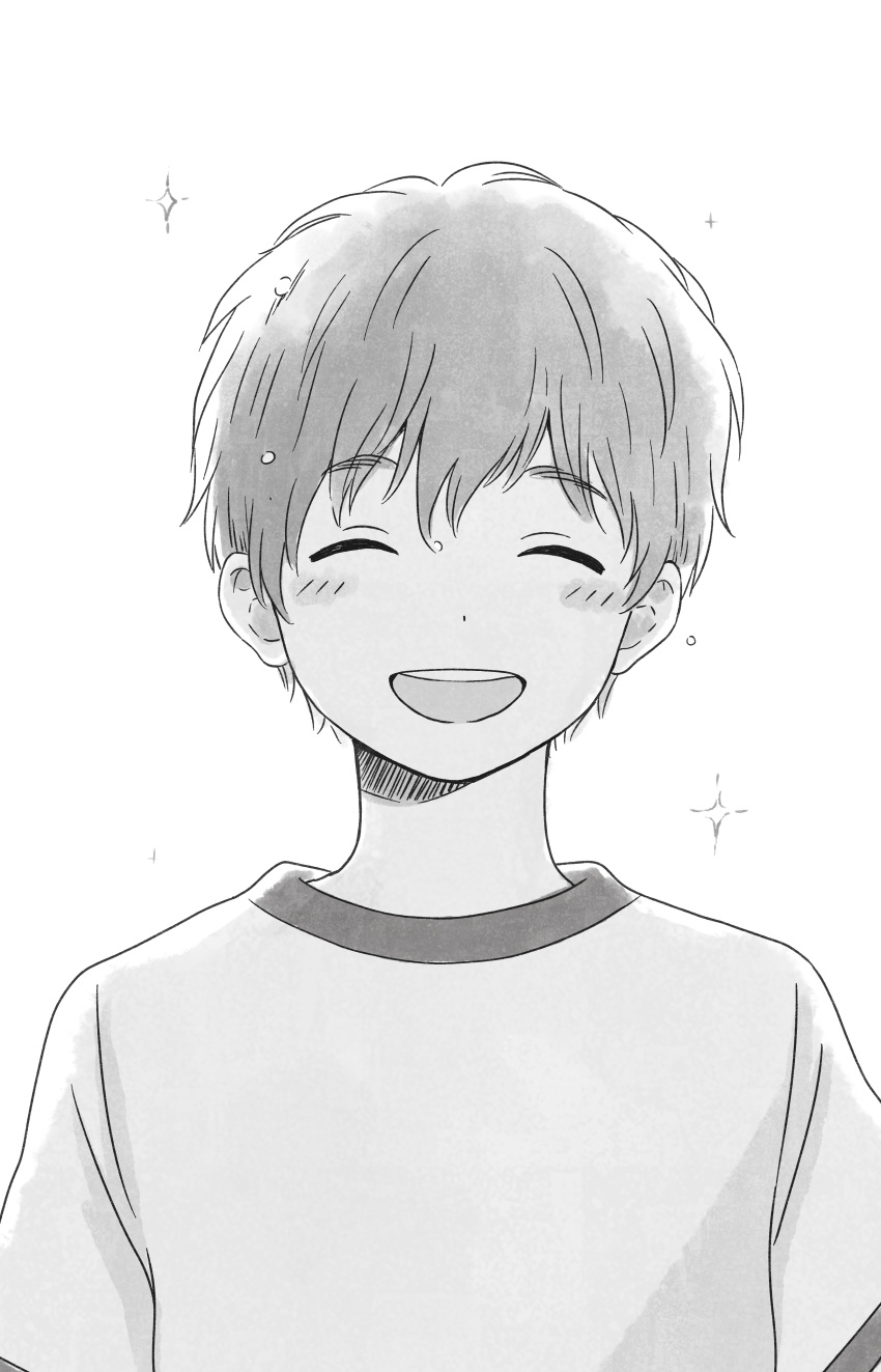 1boy ^_^ absurdres ano_hi_sora_de_suki_wo_mitsuketa backlighting bangs blush character_request closed_eyes dot_nose dripping eyebrows eyebrows_visible_through_hair eyes_closed facing_viewer greyscale happy highres itunohika male_focus monochrome open_mouth round_teeth shirt short_sleeves simple_background smile sparkle teeth upper_body wet wet_hair |d