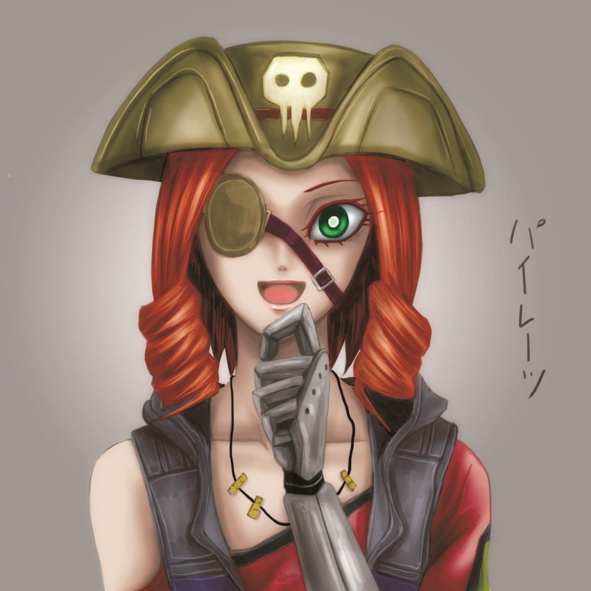 1girl borderlands borderlands_2 choker drill_hair eyepatch gaige green_eyes jacket mechanical_arm pirate_hat red_hair tepuya translation_request