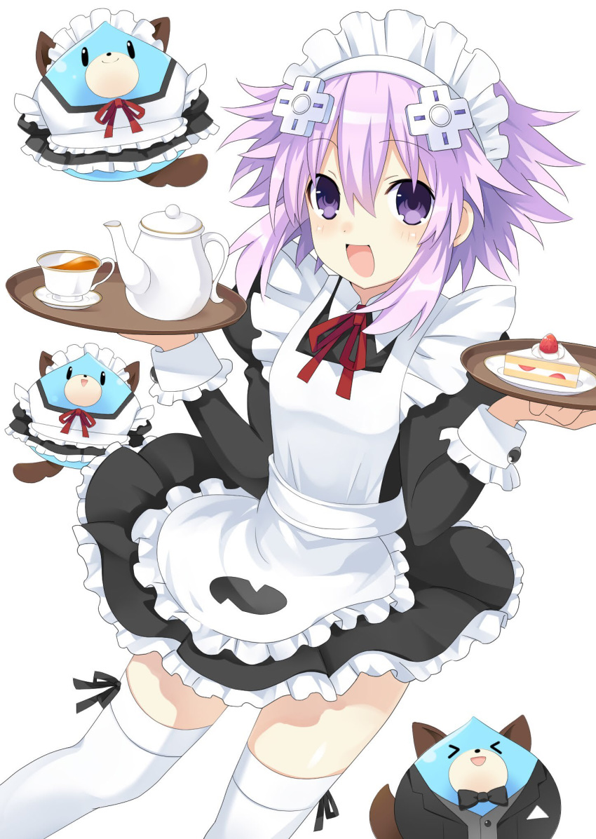1girl :d alternate_costume apron black_dress blush cake cup d-pad d-pad_hair_ornament dogoo dress enmaided food frilled_dress frills hair_between_eyes hair_ornament highres holding holding_tray looking_at_viewer maid maid_apron maid_headdress neptune_(neptune_series) neptune_(series) open_mouth purple_eyes purple_hair short_hair_with_long_locks simple_background smile solo tea teacup teapot thighhighs tray waiter white_apron white_background white_legwear zero_(ray_0805)