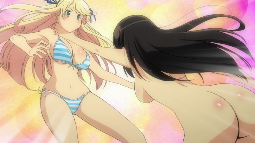 2girls arm armpits asphyxiation ass asuka_(senran_kagura) back bare_arms bare_back bare_legs bare_shoulders battle bikini black_hair blonde_hair blush breasts choking clothed_female_nude_female female green_eyes katsuragi_(senran_kagura) large_breasts legs long_hair looking_at_another midriff multiple_girls navel nude screencap senran_kagura shiny shiny_skin side-tie_bikini sideboob strangling striped striped_bikini striped_swimsuit swimsuit violence