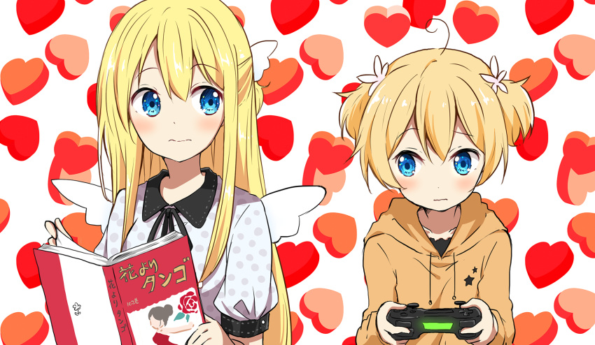 2girls ahoge amatsuka_poi bangs black_ribbon blonde_hair blue_eyes blush book brown_hoodie chikanoko closed_mouth collarbone collared_shirt commentary_request controller eye_contact eyebrows_visible_through_hair flower game_controller glowing hair_between_eyes hair_flower hair_ornament heart heart_background highres holding holding_book hood hood_down hoodie long_hair looking_at_another looking_to_the_side mini_wings multiple_girls neck_ribbon open_book polka_dot polka_dot_shirt puffy_short_sleeves puffy_sleeves ragho_no_erika ribbon shirt short_sleeves short_twintails twintails uchino_chika very_long_hair wavy_mouth white_background white_flower white_shirt white_wings wings