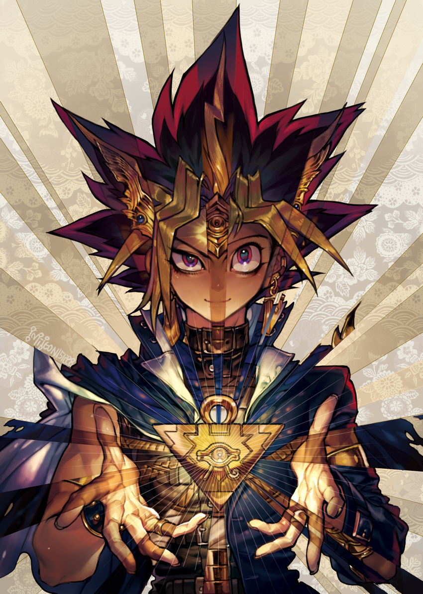 1boy 2016 3boys atem belt black_hair blonde_hair dated dual_persona earrings happy_new_year highres jewelry looking_at_viewer male_focus multicolored_hair multiple_boys mutou_yuugi new_year open_collar pigeon666 pink_eyes pink_hair puzzle ring school_uniform smile solo spiked_hair tiara torn_clothes two-tone_hair wrist_cuffs yami_yuugi yu-gi-oh! yuu-gi-ou_duel_monsters