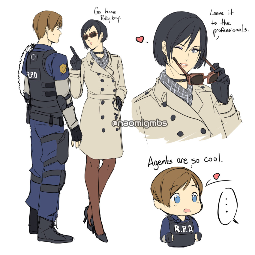 ... 1boy 1girl ;d ada_wong black_hair blue_eyes blush brown_hair bulletproof_vest choker comic english_text fingerless_gloves gloves heart high_heels highres leon_s_kennedy lipstick long_sleeves makeup mascara naomig one_eye_closed open_mouth pantyhose police police_uniform policeman resident_evil resident_evil_2 scarf short_hair simple_background smile sunglasses sweatdrop text_focus thought_bubble trench_coat uniform white_background