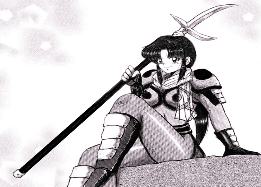 1girl bushido_blade fingerless_gloves gloves mikado monochrome solo