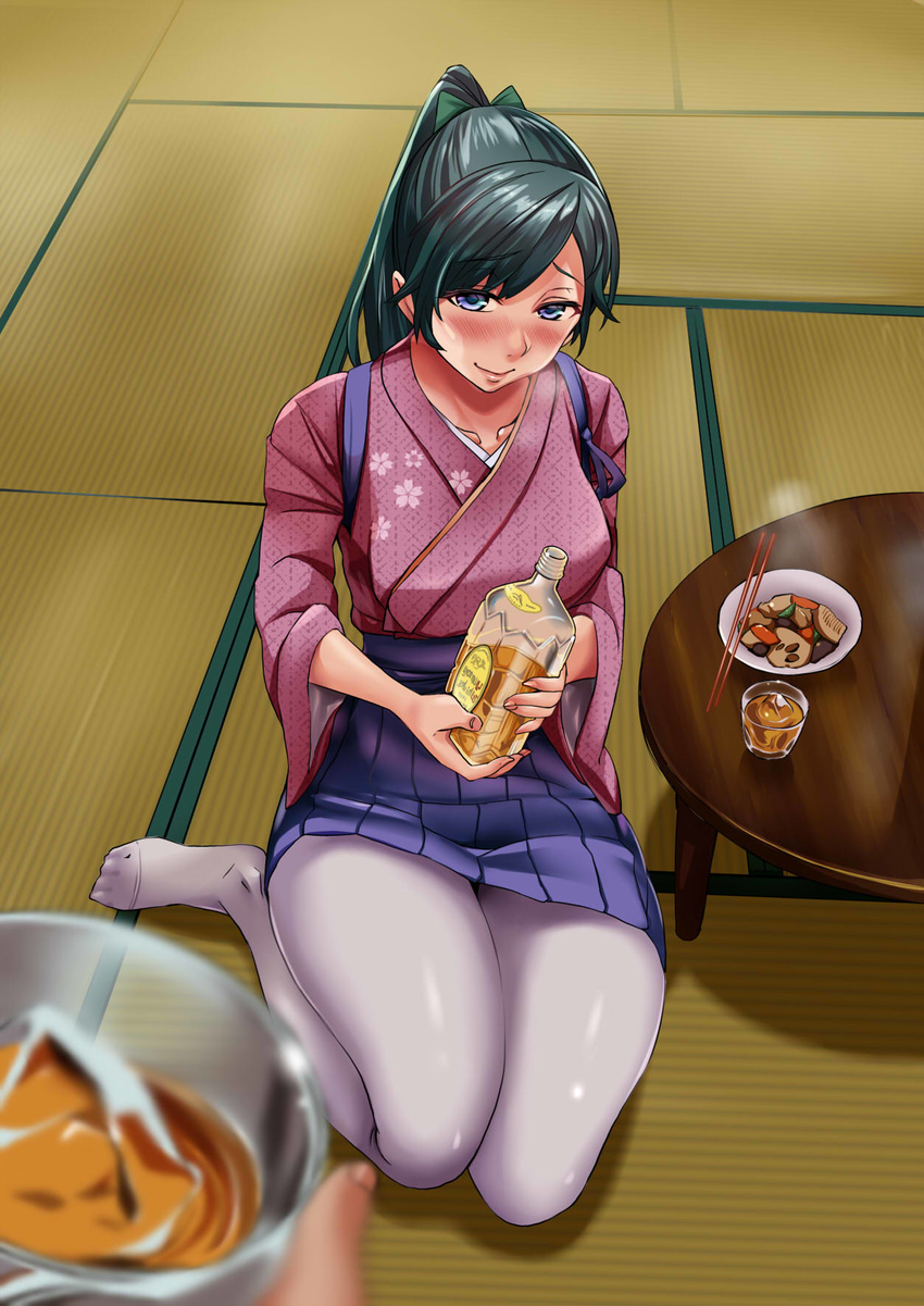 bangs beans blue_eyes blurry blush bottle bow bowl carrot chopsticks closed_mouth comic cup drinking_glass fingers floral_print food from_above ginjuuji green_bow green_hair hair_bow hakama_skirt highres holding holding_bottle holding_cup houshou_(kantai_collection) ice ice_cube indoors japanese_clothes kantai_collection kimono long_hair looking_at_viewer mushroom no_shoes on_floor out_of_frame pantyhose parted_bangs pleated_skirt ponytail pov shade sitting skirt smile solo_focus steam stew tasuki tatami thighs transparent white_legwear wine_bottle wooden_table