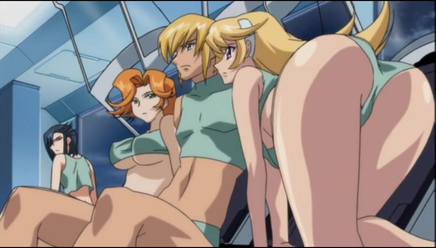 1boy 3girls ass back barefoot breasts ekaterina ellis_valentine female large_breasts legs long_hair multiple_girls nipples no_bra screencap shadow_(godannar) shinkon_gattai_godannar!! underboob underwear