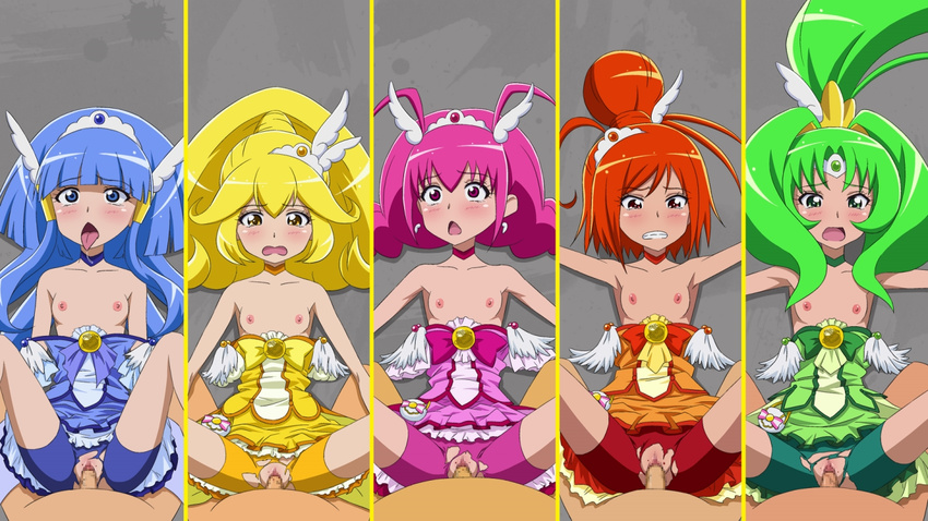 5boys 5girls aoki_reika blush breasts clothed_sex cure_beauty cure_happy cure_march cure_peace cure_sunny hino_akane_(smile_precure!) hoshizora_miyuki kise_yayoi midorikawa_nao multiple_boys multiple_girls nipples open_mouth penis precure sex shiny_hair small_breasts smile_precure! sukima_sangyou tiara tongue_out