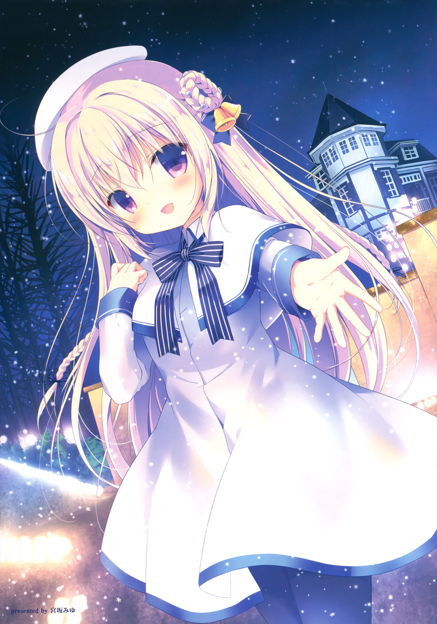 1girl ahoge bells blonde_hair blush braids dress female happy hat long_hair miyasaka_miyu night original pantyhose purple_eyes ribbon snow