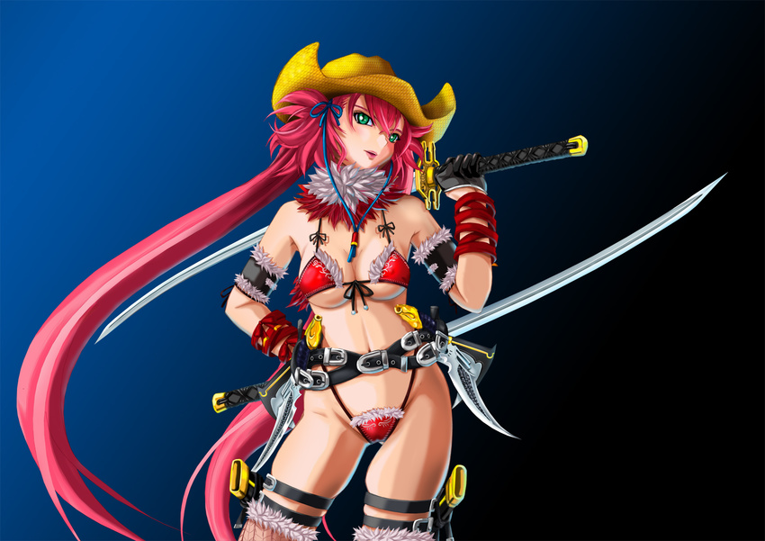 belt bikini breasts dual_wielding female gradient gradient_background green_eyes hat kagura_(oneechanbara) katana large_breasts looking_at_viewer oneechanbara pink_hair simple_background solo swimsuit sword tan_(knock_up) thigh_strap thighhighs twintails underboob very_long_hair weapon