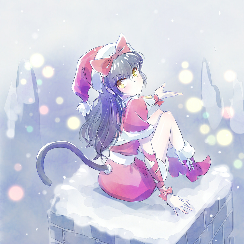 blake_belladonna cat_girl christmas full_body highres iesupa long_hair rwby santa_costume snow solo tail tail_slit_clothes tail_through_clothes