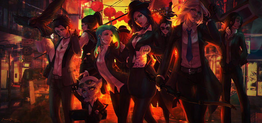 6+girls alley alternate_costume ashe_(league_of_legends) caitlyn_(league_of_legends) hat jinx_(league_of_legends) kalista league_of_legends monori_rogue monorirogue multiple_girls quinn sarah_fortune shauna_vayne sivir suit sunglasses tristana walking