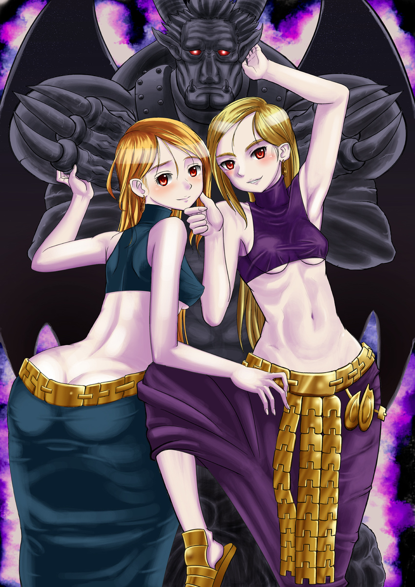 2girls bare_shoulders blonde_hair blush celia dancer dancer_(fft) earrings female final_fantasy final_fantasy_tactics highres jewelry lettie long_hair midriff monster multiple_girls pt@i ptai red_eyes skirt