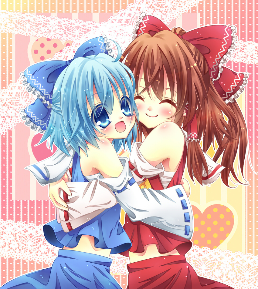 :d ^_^ ahoge bad_id bad_pixiv_id bare_shoulders blue_eyes blue_hair blush bow brown_hair cirno closed_eyes cosplay detached_sleeves hair_bow hakurei_reimu hakurei_reimu_(cosplay) happy highres hug momomiya_mion multiple_girls open_mouth sarashi short_hair smile touhou