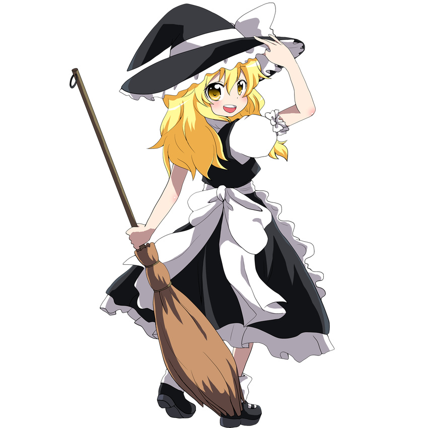 bad_id bad_pixiv_id blonde_hair broom full_body hat hat_tip highres kirisame_marisa long_hair looking_back massala open_mouth smile solo touhou transparent_background witch_hat yellow_eyes