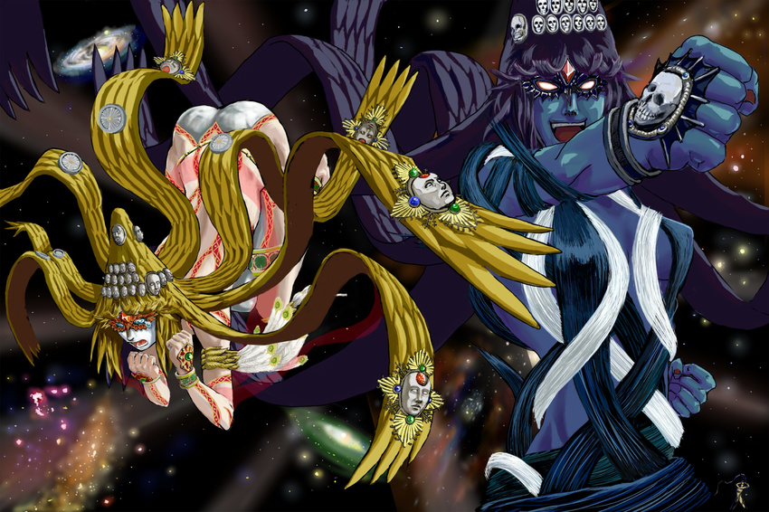 2girls 3girls ass bayonetta bayonetta_(character) black_hair blonde_hair blue_eyes blue_skin bracelet ed_(end) ed_(pixiv110821) epic female galaxy glowing glowing_eyes hair_ornament jewelry jubileus long_hair lots_of_jewelry mask multiple_girls open_mouth queen_sheba red_eyes size_difference spoilers very_long_hair