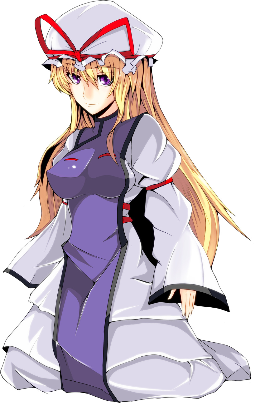 absurdres ashima_takumi blonde_hair breasts covered_nipples hat highres large_breasts long_hair purple_eyes ribbon solo touhou transparent_background yakumo_yukari