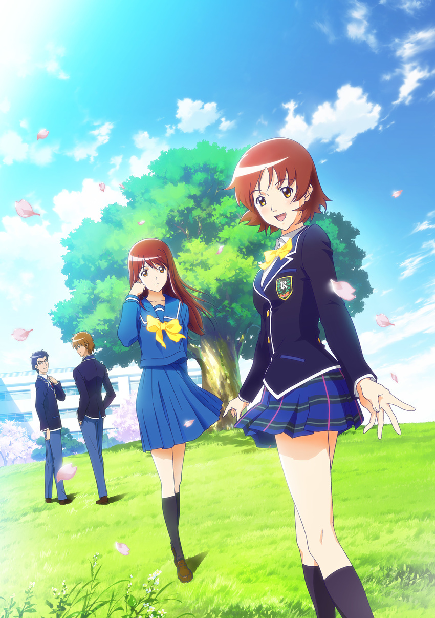 2girls absurdres adjusting_hair artist_request blazer blue_hair blue_skirt bow brown_hair day glasses hands_in_pockets highres hoshikawa_maki jacket kneehighs kneepits kobayashi_manabu long_hair looking_back multiple_boys multiple_girls nanakawa_tadashi orange_eyes outdoors petals plaid satsuki_yuu school_uniform serafuku short_hair skirt smile socks tokimeki_memorial tokimeki_memorial_4 tree yellow_eyes