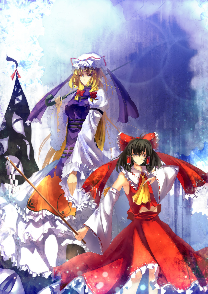 bad_id bad_pixiv_id blonde_hair bow brown_eyes detached_sleeves dress eho_(icbm) eyes gap gohei hair_bow hakurei_reimu hat highres long_hair multiple_girls parasol short_hair slit_pupils touhou umbrella yakumo_yukari yellow_eyes