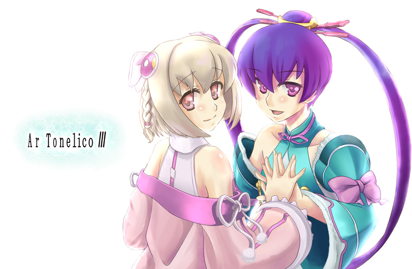 ar_tonelico ar_tonelico_iii blonde_hair bow braid detached_sleeves finnel hair_ornament holding_hands long_hair multiple_girls pink_eyes purple_eyes purple_hair saki_(ar_tonelico) short_hair smile tsukeyakiba twin_braids twintails