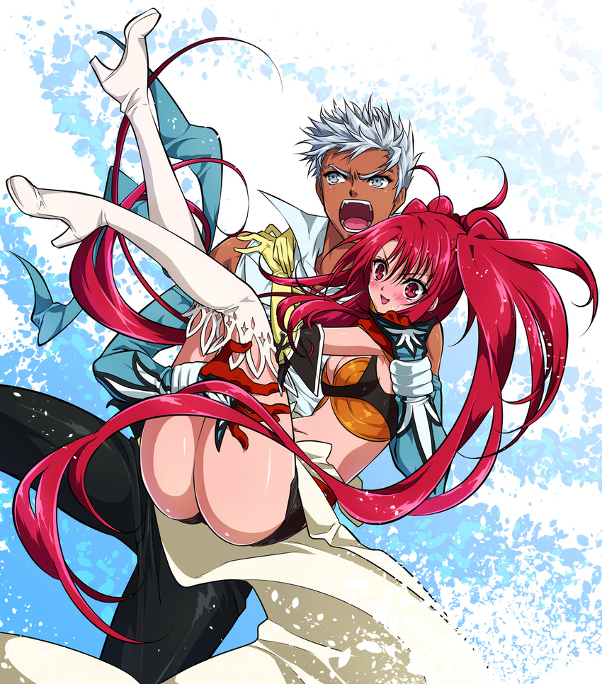1boy 1girl ahoge angry ass belt blue_eyes blush boots carrying couple dark_skin embarrassed gloves hetero jako_(toyprn) long_hair loni_dunamis midriff nanaly_fletch open_mouth princess_carry red_hair sarong shorts silver_hair smile tales_of_(series) tales_of_destiny_2 thigh_boots twintails vest