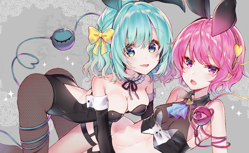 2girls :d :o all_fours alternate_hair_color animal_ears aqua_eyes aqua_hair ascot ass backless_leotard bare_shoulders black_gloves black_leotard blush bow breasts brown_legwear bunny_ears bunny_girl bunnysuit choker cleavage commentary_request crop_top elbow_gloves eyeball fake_animal_ears fishnet_legwear fishnet_pantyhose fishnets frilled_choker frills gloves groin hair_bow hairband heart heart_of_string highres honeycomb_(pattern) kawachi_rin komeiji_koishi komeiji_satori leotard looking_at_viewer medium_breasts midriff multiple_girls open_mouth pantyhose pink_hair purple_eyes reclining short_hair sidelocks sleeveless small_breasts smile stomach third_eye touhou wavy_hair yellow_bow