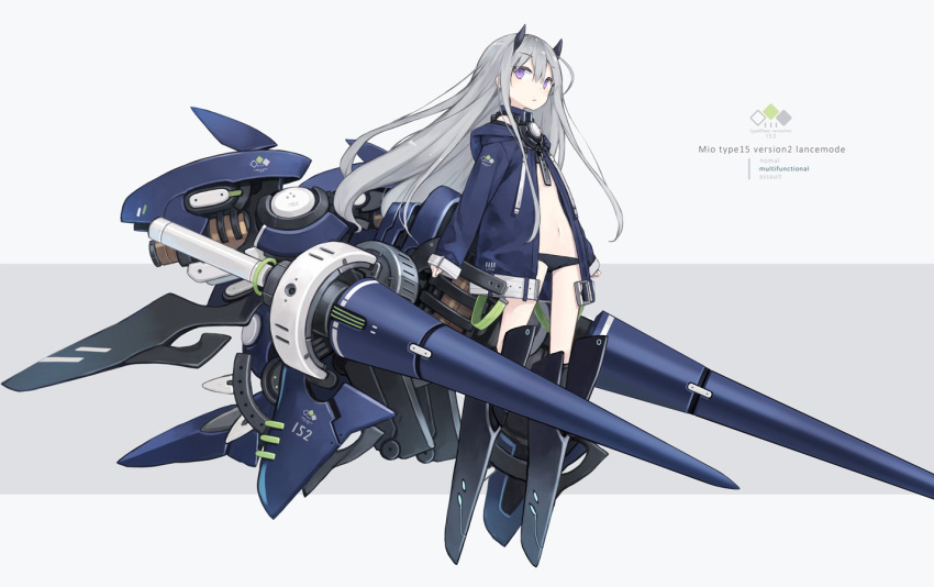 1girl black_footwear black_panties blue_jacket blush boots closed_mouth flat_chest full_body grey_background grey_hair hood hood_down hooded_jacket horns jacket knee_boots lance long_hair long_sleeves looking_at_viewer machinery mecha_musume navel no_pants open_clothes open_jacket original panties poco_(asahi_age) polearm purple_eyes sidelocks sleeves_past_wrists solo stomach thighs two-tone_background underwear weapon white_background