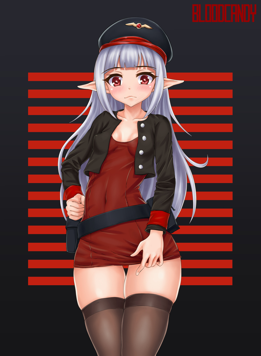 arm_on_hip belt black_thighhighs bloodcandy cleavage closed_mouth flat_chests hand_on_hip long_sleeves looking_at_viewer peaked_cap pointy_ears small_breasts solo thigh_high thighhighs