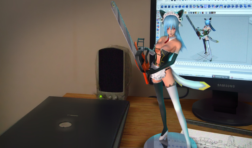 1girl 3d animal_ears bangs bare_shoulders blue_hair breasts chainsaw contrapposto detached_collar elbow_gloves fake_animal_ears female gloves indoors large_breasts light_blue_hair long_hair loudspeaker maid maid_headdress mismatched_legwear monitor necktie no_bra original photo photo_background red_eyes revealing_clothes scanner solo tan_(knock_up) waist_apron