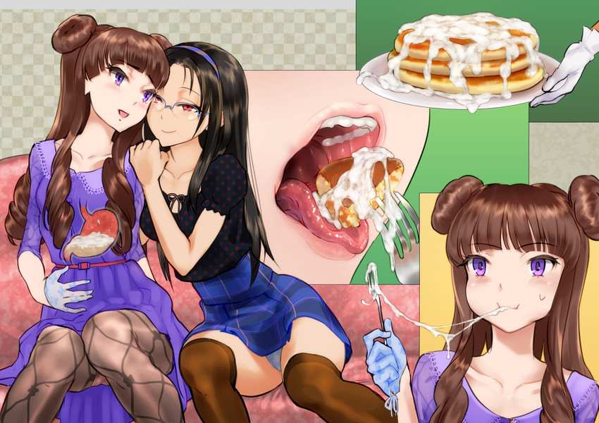 2girls blush brown_hair cum cum_in_mouth cum_on_food cum_string cumdrip dokiyuri glasses gloves gokkun hair_ornament happy highres indoors long_hair multiple_girls open_mouth original panties smile thighhighs underwear x-ray