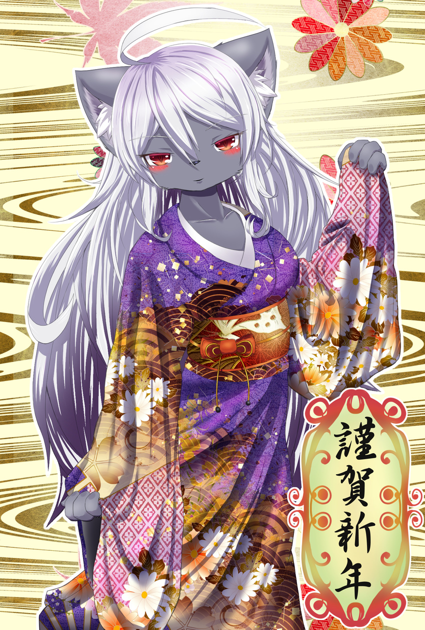 cat cauguy furry grey_hair happy_new_year japanese_clothes long_hair new_year red_eyes