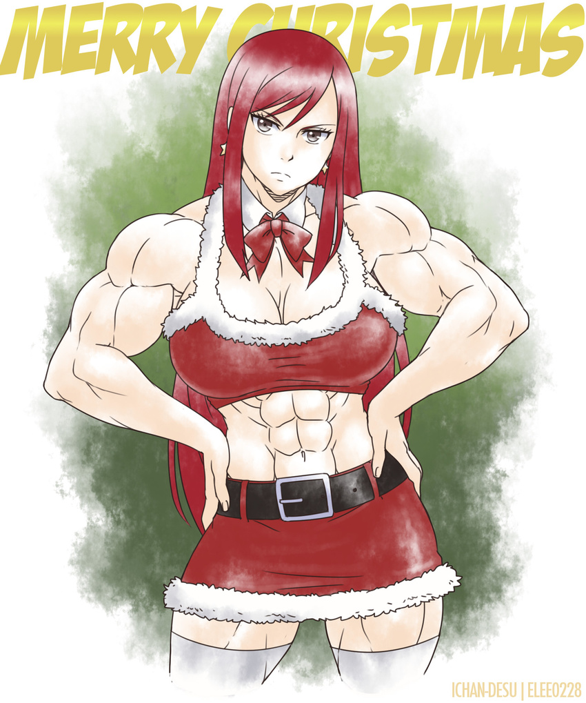 1girl abs belt biceps bow bowtie breasts brown_eyes christmas cleavage earrings elee0228 erza_scarlet extreme_muscles fairy_tail female hands_on_thighs ichan-desu jewelry looking_at_viewer muscle navel red_hair solo