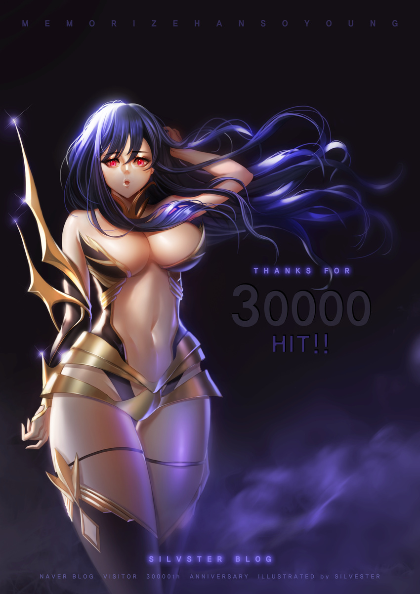 1girl breasts center_opening character_name copyright_name detached_collar engrish female han_so_young large_breasts leotard long_hair looking_at_viewer memorize open_mouth purple_hair red_eyes silvester solo text thigh_boots