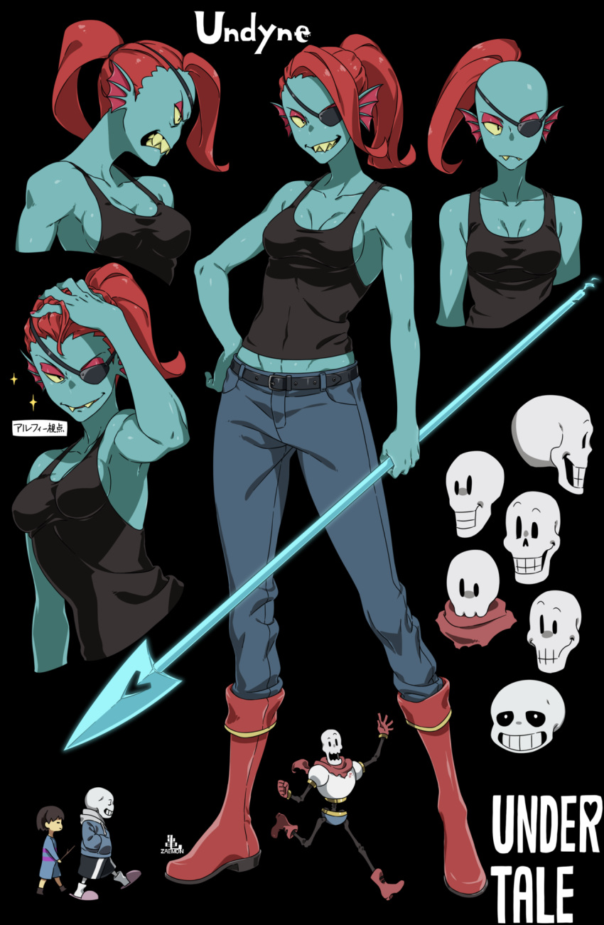 animated_skeleton black_background bone english_text fish hair human japanese_text lance mammal marine papyrus_(undertale) protagonist_(undertale) red_hair sans_(undertale) sharp_teeth simple_background skeleton teeth text undead undertale undyne video_games walking zaemon