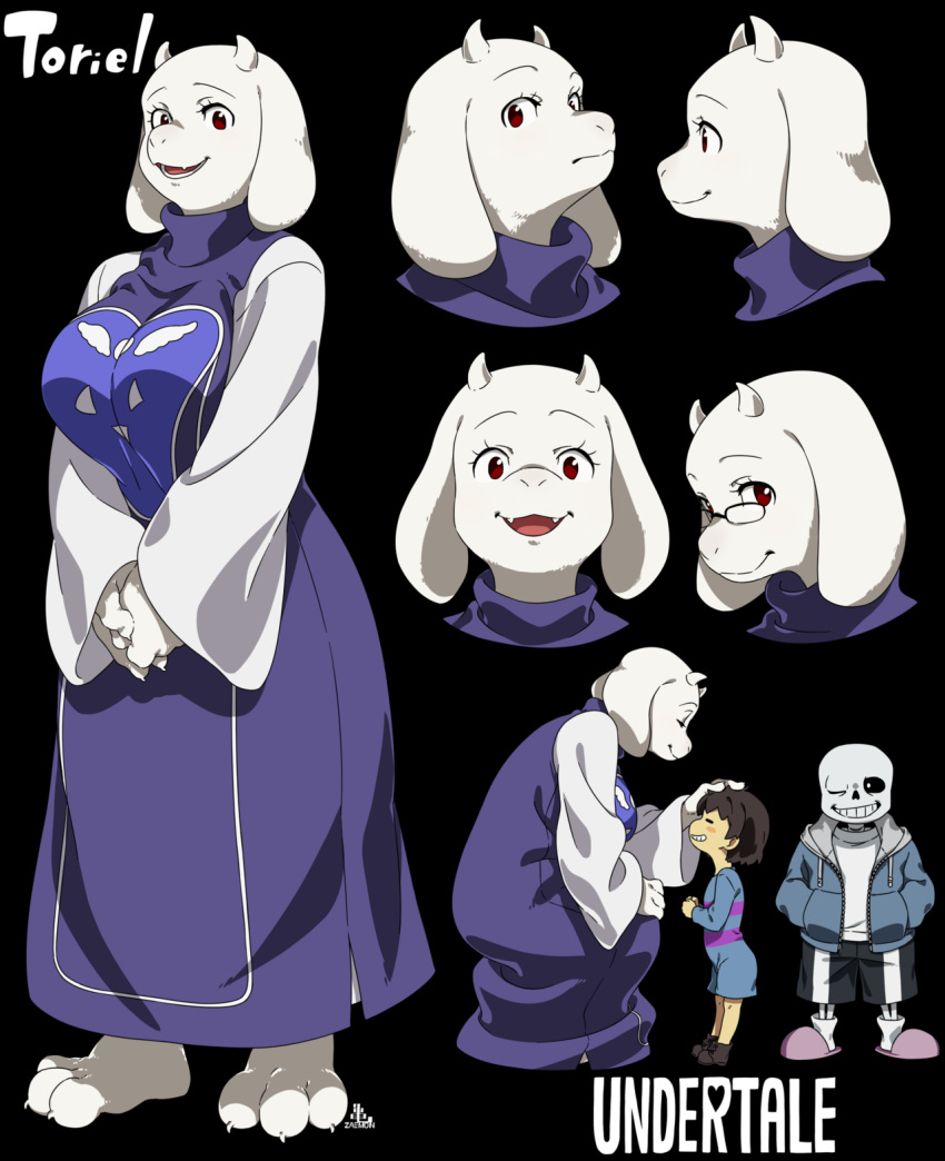 animated_skeleton black_background bone boss_monster bovid caprine delta_rune english_text eyewear glasses horn human long_ears mammal protagonist_(undertale) red_eyes sans_(undertale) simple_background skeleton text toriel undead undertale video_games zaemon