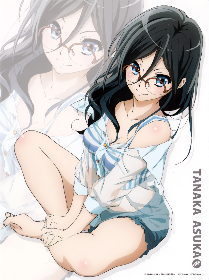 1girl barefoot black_hair blue_eyes blush character_name feet glasses hands_on_feet hibike!_euphonium highres ikeda_shouko kyoto_animation long_hair official_art shorts shouko sitting solo tanaka_asuka