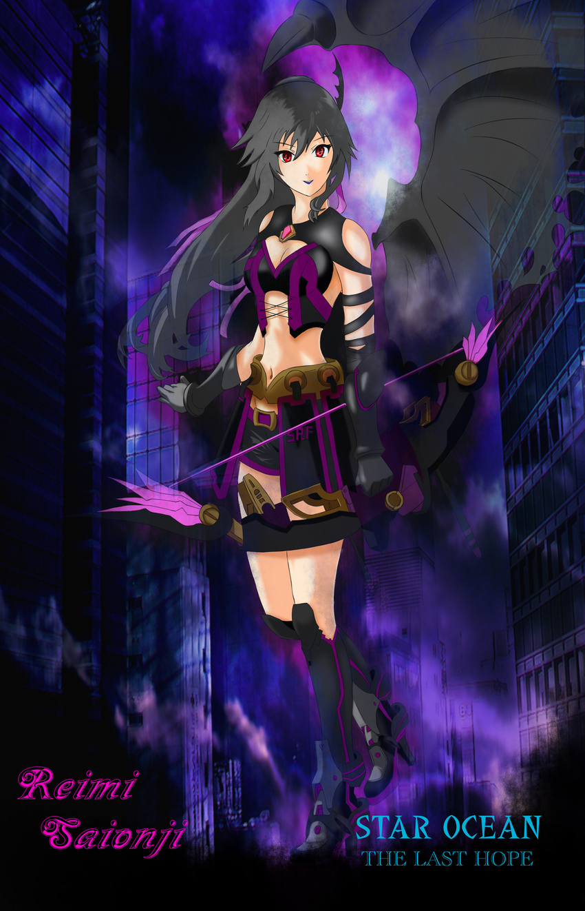 bare_shoulders black_hair boots bow_(weapon) breasts character_name city corruption dark_persona faulds gauntlets hair_ribbon horn lipstick long_hair looking_at_viewer makeup navel ponytail red_eyes ribbon saionji_reimi shaeran short_shorts shorts single_wing smile solo star_ocean star_ocean_the_last_hope weapon
