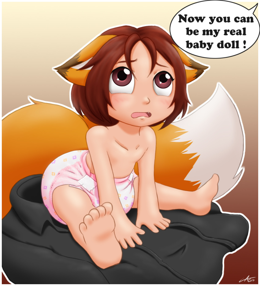 ambiguous_gender animal_humanoid baby blush canid canine carotte666 child clothing dialogue diaper feet fox human humanoid mammal open_mouth regression sitting teeth text toes young