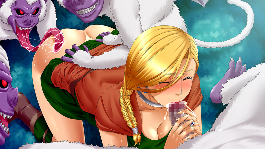 1girl ass belt bianca blonde_hair blush boots breasts cape censored cleavage cum cum_in_mouth dragon_quest dragon_quest_v earrings ejaculation fellatio highres inja_no_kuruwa jewelry kneeling large_breasts legs licking long_hair monster mosaic_censoring no_panties oral penis red_eyes sweat tail thighs tongue