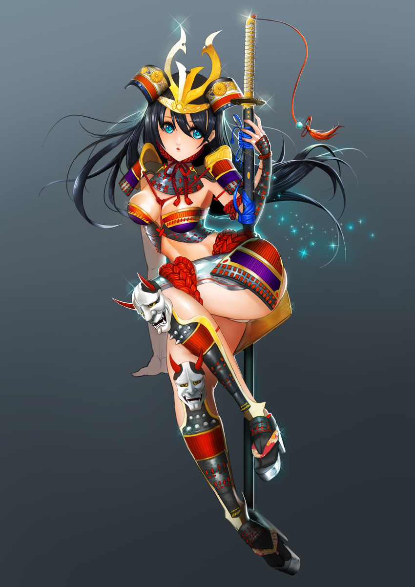 armor bikini_armor black_hair blue_eyes breasts female gradient gradient_background katana large_breasts long_hair looking_at_viewer original panties pantyshot silvester simple_background solo sword symbol-shaped_pupils underwear weapon white_panties