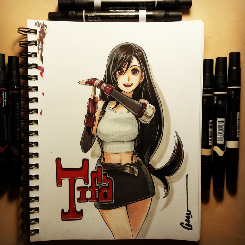 1girl black_hair final_fantasy final_fantasy_vii looking_at_viewer midriff omar_dogan skirt solo suspenders tank_top tifa_lockhart traditional_media