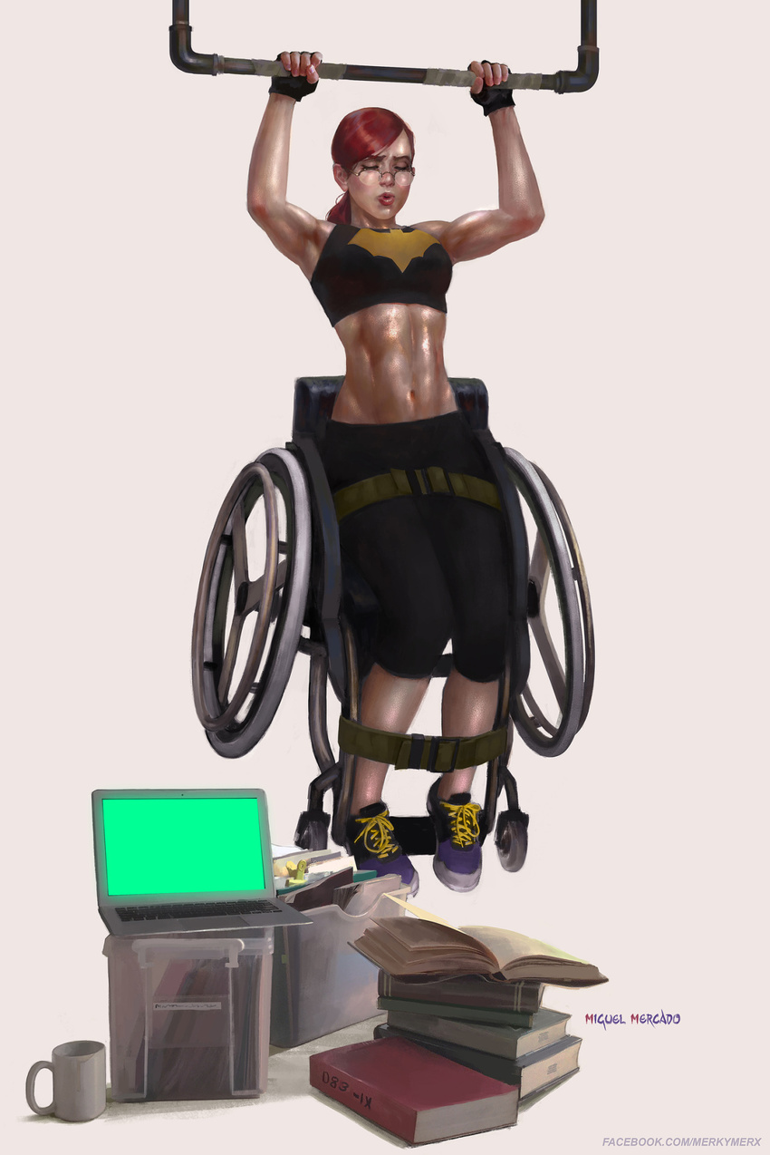 abs barbara_gordon batman_(series) biceps book computer crop_top dc_comics eyes_closed fingerless_gloves glasses gloves laptop midriff miguel_mercado mug navel oracle red_hair sneakers solo stomach strap toned wheelchair