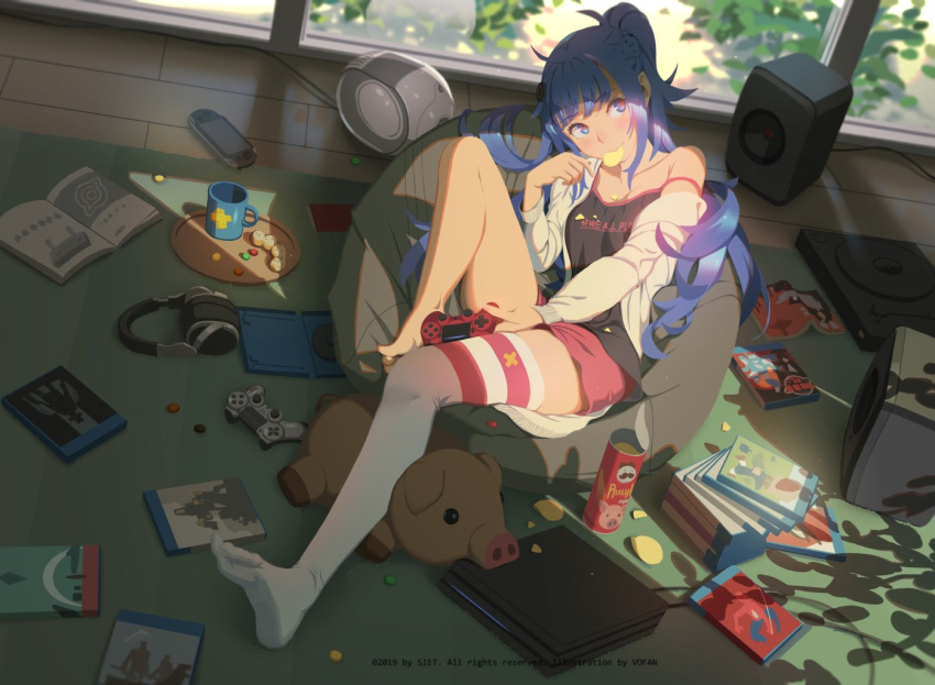 1girl ahoge ai-chan_(playstation) bangs barefoot blue_eyes blue_hair blush braid breasts cardigan clothes_writing controller cup dualshock eating eyebrows_visible_through_hair game_console game_controller gamepad hair_between_eyes hair_ornament handheld_game_console headphones holding_game_controller instruction_manual knee_up long_hair long_sleeves looking_at_viewer medium_breasts off_shoulder open_cardigan open_clothes pink_shorts playstation playstation_4 playstation_vita pringles shorts single_thighhigh singlet solo speaker strap_slip thighhighs tray twintails vofan_tw white_cardigan