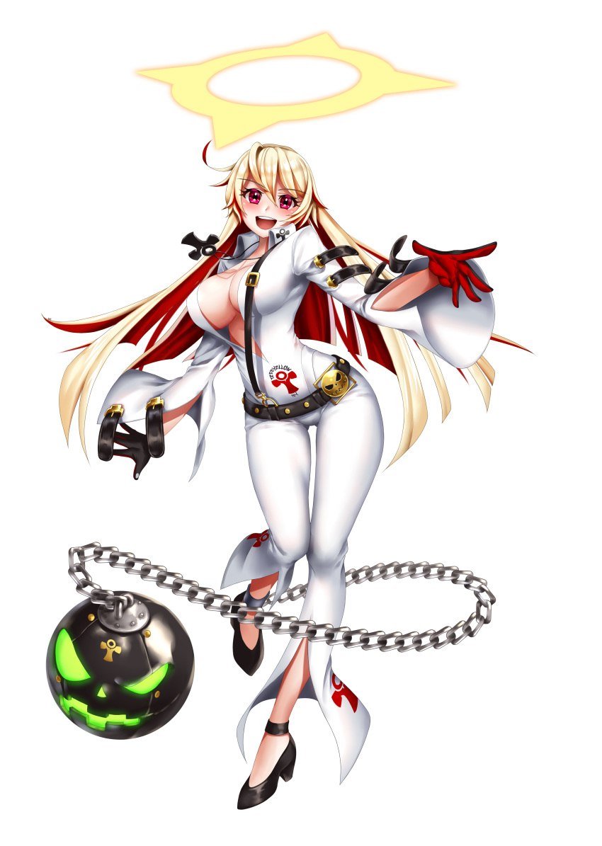 absurdres ahoge ankle_strap ball_and_chain_restraint belt blonde_hair blush breasts buckle contrapposto eyebrows_visible_through_hair full_body gloves gluteal_fold gom-iuneunsoli guilty_gear guilty_gear_xrd halo high_heels highres jack-o'_valentine jewelry large_breasts leg_up long_hair looking_at_viewer multicolored_hair necklace open_clothes open_mouth outstretched_arms pink_eyes plunging_neckline red_hair simple_background straitjacket taut_clothes teeth two-tone_hair white_background wide_hips wide_sleeves