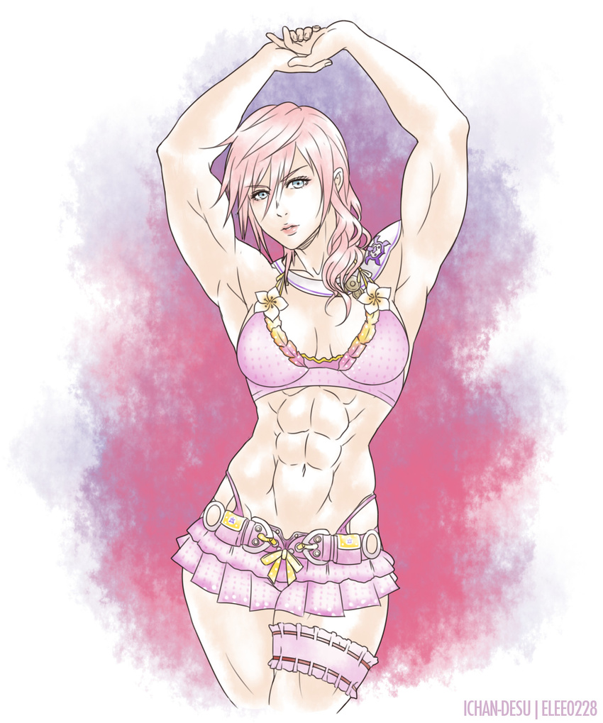 abs armpits bikini blue_eyes breasts elee0228 female final_fantasy final_fantasy_xiii highleg highleg_panties ichan-desu lightning_farron muscle panties pink_hair pose skirt solo swimsuit toned underwear