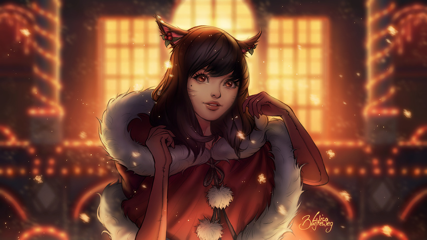 1girl black_hair building cat_ears christmas elbow_gloves facial_mark final_fantasy final_fantasy_xiv fur_trim gloves hood looking_at_viewer miqo'te miqo'te parted_lips snowing solo window zolaida