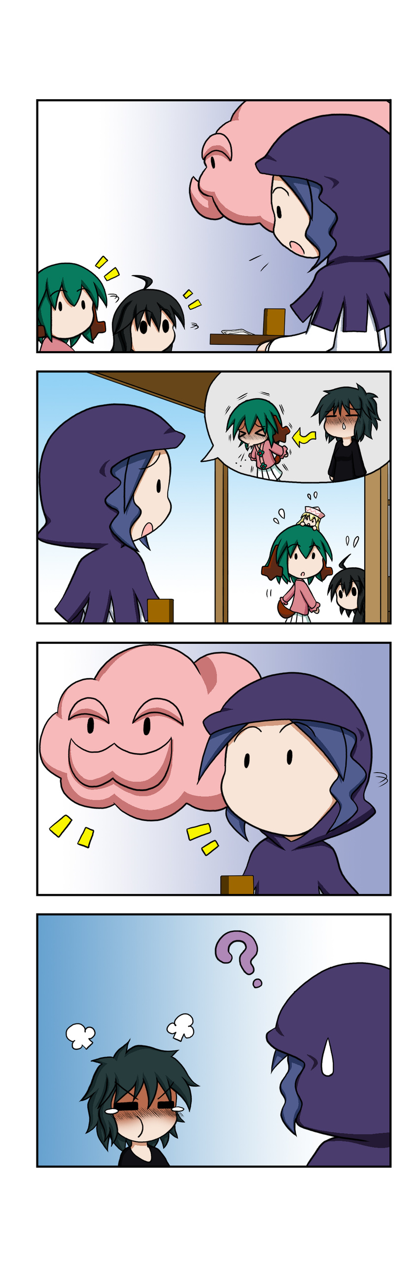 &gt;_&lt; 4koma 5girls ? absurdres ahoge animal_ears black_hair blonde_hair chibi chibi_on_head closed_eyes comic flying_sweatdrops green_hair hat highres hood houjuu_nue kasodani_kyouko kumoi_ichirin lily_white minigirl multiple_girls murasa_minamitsu on_head pout purple_hair rakugaki-biyori shaded_face shirt sick silent_comic skirt sneezing sweatdrop tail tears touhou tray unzan