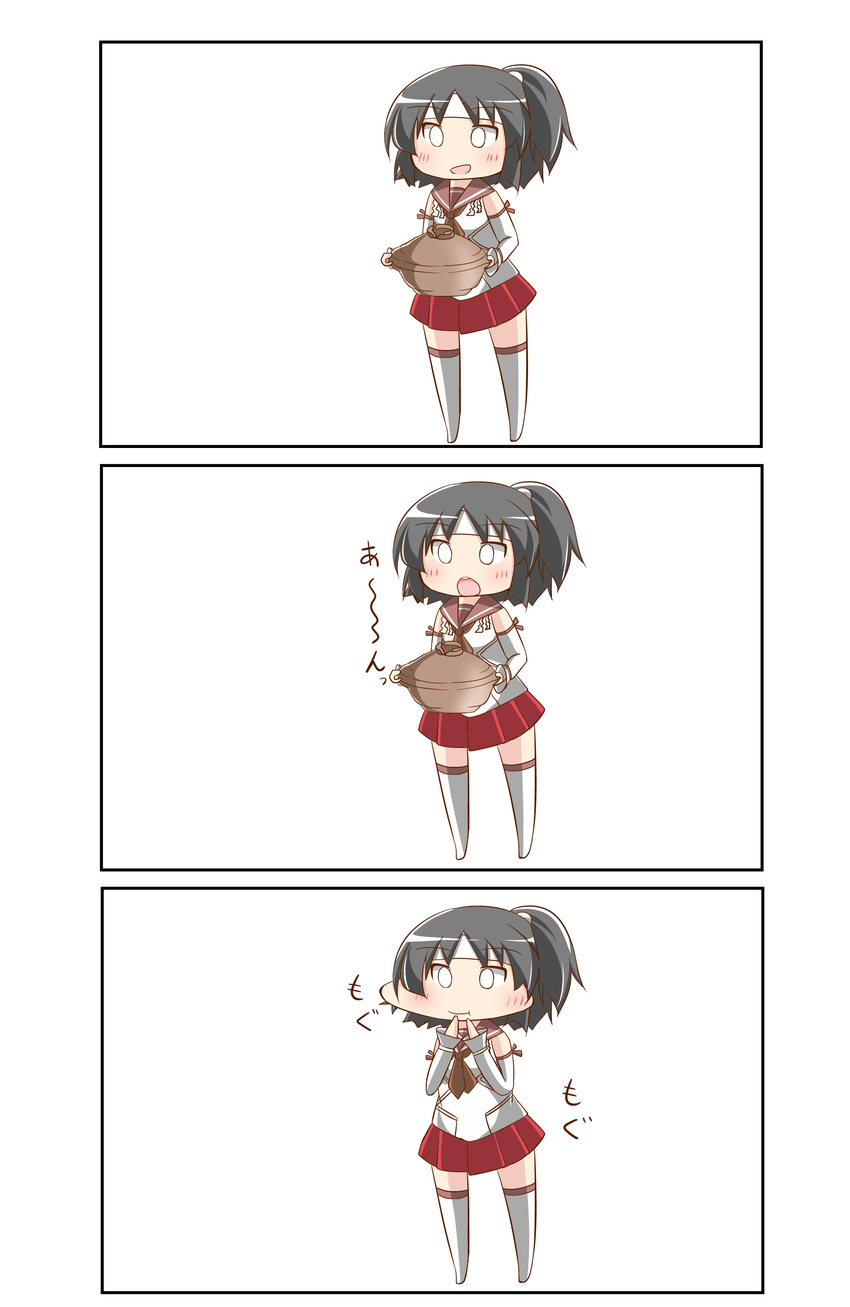 3koma absurdres bad_id bad_pixiv_id chibi comic detached_sleeves eating hachimaki headband highres kantai_collection looking_at_viewer nagara_(kantai_collection) nanakusa_nazuna one_side_up pleated_skirt school_uniform serafuku skirt solo translated