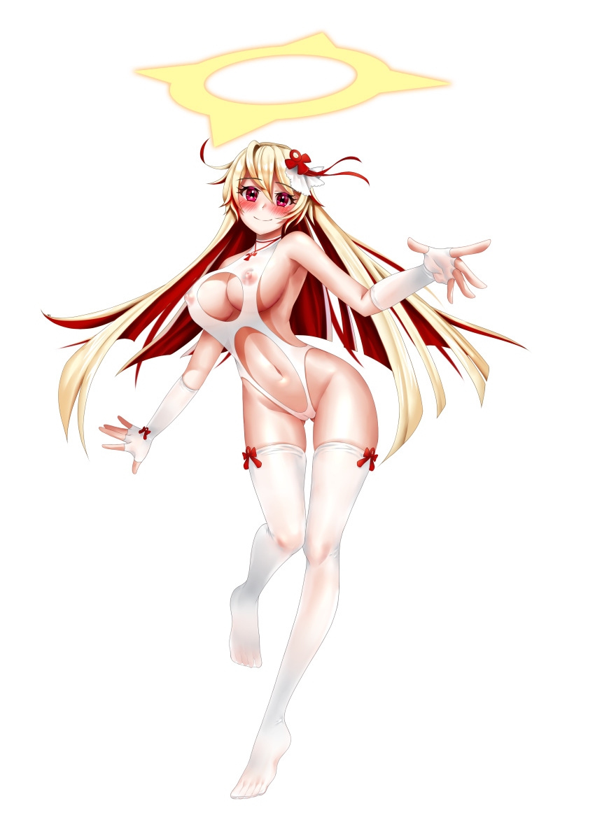 absurdres ahoge alternate_costume blonde_hair blush breasts cameltoe cleavage_cutout contrapposto erect_nipples eyebrows_visible_through_hair fingerless_gloves full_body gloves gluteal_fold gom-iuneunsoli guilty_gear guilty_gear_xrd halo halterneck highres jack-o'_valentine large_breasts leg_up long_hair looking_at_viewer multicolored_hair navel nipples outstretched_arms pink_eyes red_hair red_ribbon ribbon see-through sideboob smile swimsuit thighhighs two-tone_hair wide_hips