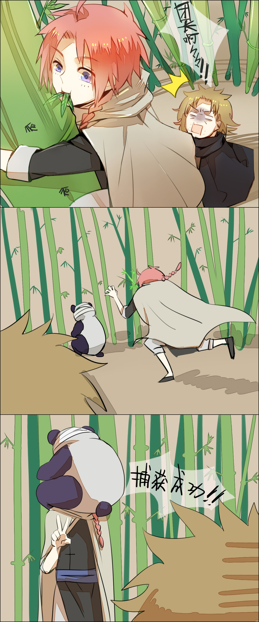 2boys absurdres abuto ahoge animal bamboo bamboo_forest blue_eyes braid chinese_clothes comic forest gintama highres multiple_boys nature outdoors panda panels stitched takasugi_shinsuke text_focus third-party_edit translated